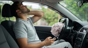 A man who experienced a car accident sits in his driver seat with an air bag deployed holing his neck assuming that he has suffered from whiplash
