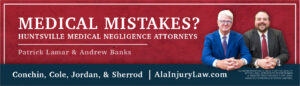 Personal injury law firm billboard in Huntsville Alabama about our specialization in medical malpractice or medial mistakes cases. 