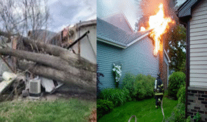 Split image showing severe residential property damage: on the left, a large fallen tree crushed into a home after a storm; on the right, flames engulf the side of a house roof while a firefighter sprays water from a hose in the yard.