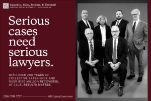 Conchin Cole Jordan & Sherrod personal injury attorneys in Huntsville, AL with message ‘Serious cases need serious lawyers’ and team portrait.